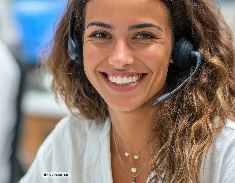 AI Bild mit einer Frau mit einem freundlichen Lächeln und direktem Blick. Sie trägt ein Headset.